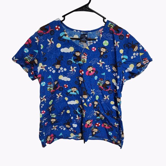 Zoe + Chloe Scrub Top Womens Size Large Blue Monkey Graphic Short Sleeve Nurse - Picture 1 of 4